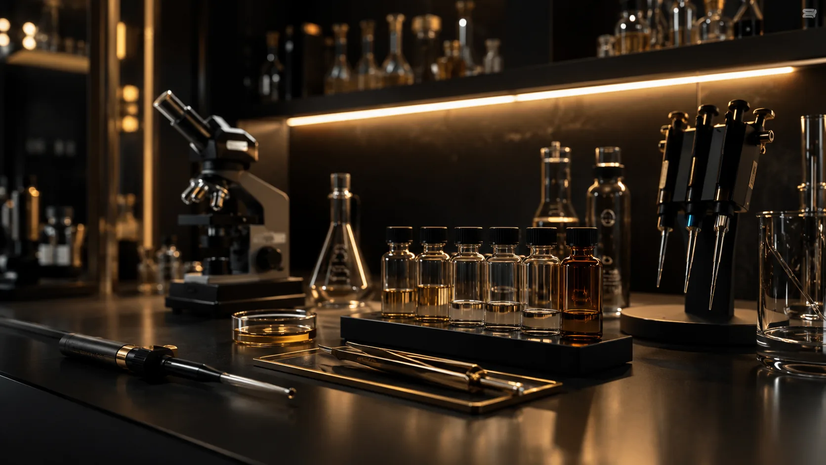 Premium dark research lab bench with vials and equipment, gold lighting