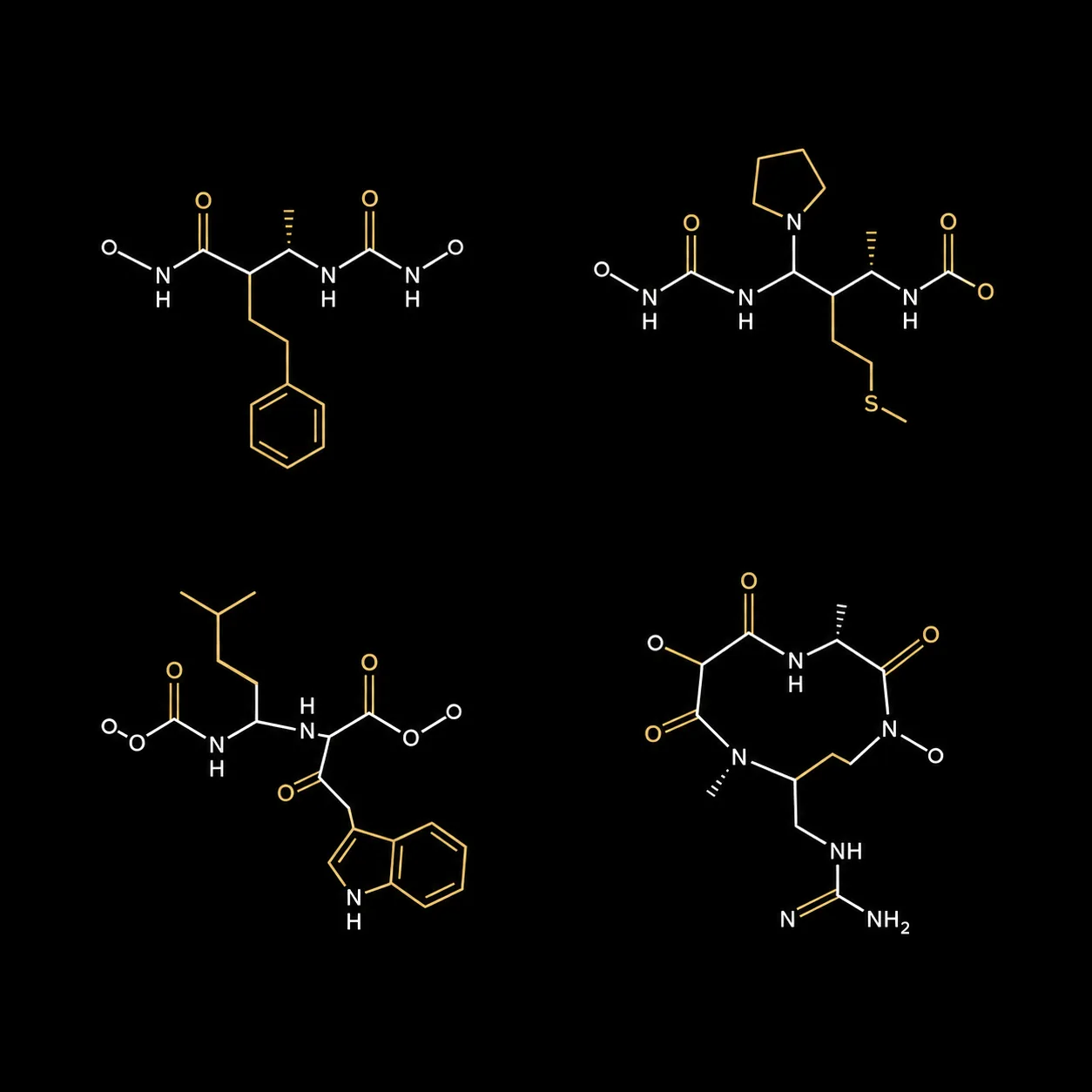 Four peptide molecular structure diagrams representing BPC-157, TB-500, GHK-Cu, and KPV, gold line art
