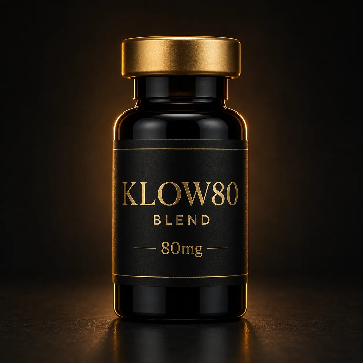 Klow80 Blend research peptide vial, black glass, gold cap, warm lighting