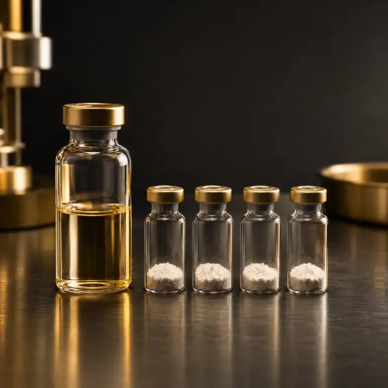 Elegant golden research peptide vial laboratory still life