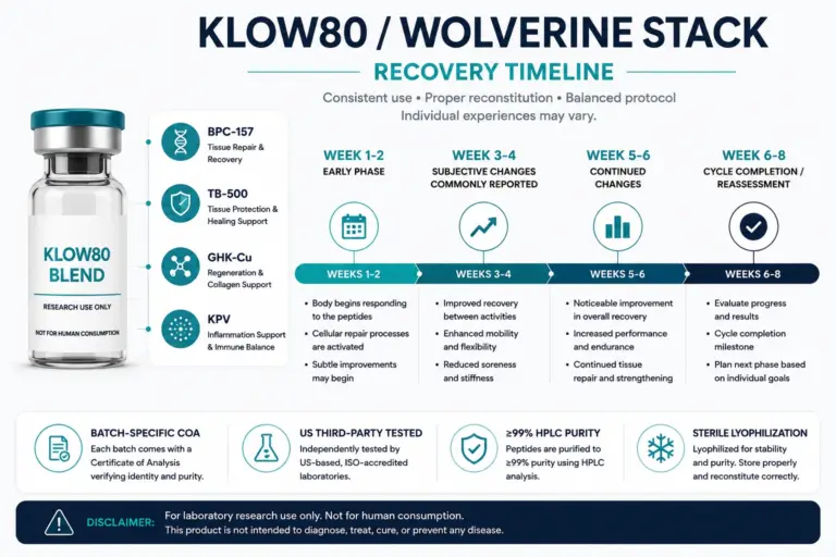Klow80 Blend Wolverine Stack recovery timeline infographic showing week 1 through week 8 phases